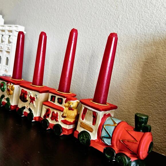 Vintage Ceramic Christmas Candle Train Set – 4-Piece Taper Holder – Taiwan - Picture 4 of 11
